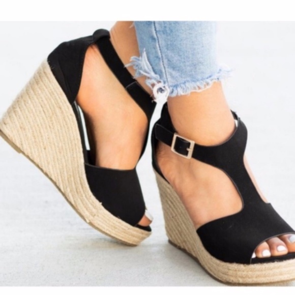 Shoes - Black Peep Toe Buckle Espadrille Wedge